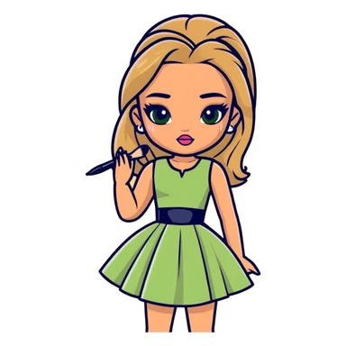 Bratz doll with a small waist wearing a kaki green dress and is doing her makeup sticker