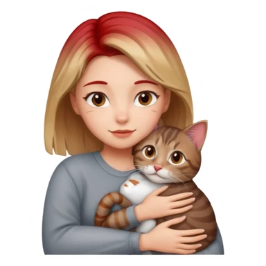 Une femme avec les cheveux dégradée, châtain et blond, qui fait un câlin à son chat gris, tigré avec des reflets roux sticker