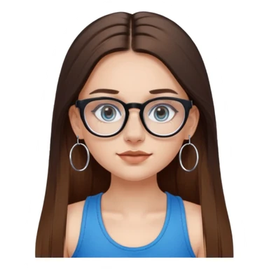 White girl with long straight brown hair and blue eyes wearing plastic frame glasses that go from black to clear ombré from top to bottom. Septum nose piercing and stud nose piercing on right side of nose. Wearing BLACK tank top. Wearing big hoop earrings  sticker