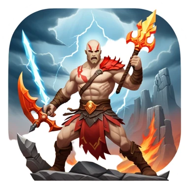 An icon showing a powerful warrior wielding a weapon, ready for battle, inspired by God of War: Ragnarok. The design features a fiery, war-torn landscape with broken statues and lightning in the sky, symbolizing epic combat. Transparent background highlights the action. sticker