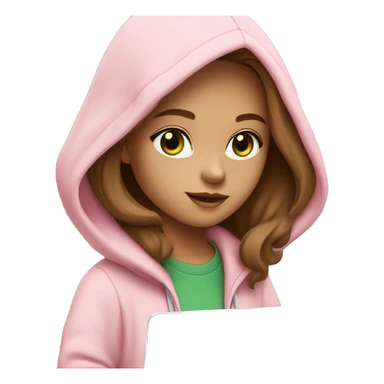 a girl with brown long hair, light beige skin, green eyes, is working relaxed at a modern laptop in a monochrome pale pink zip hoodie with a hood and a pink monochrome T-shirt sticker