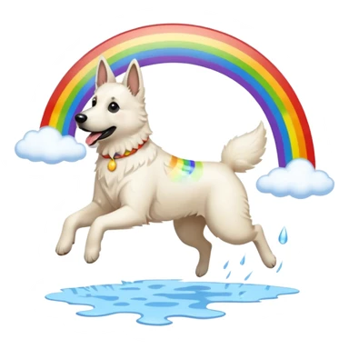 White belgian Shepard jumping over Rain puddles. There is a rainbow in the sky sticker