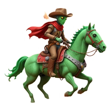 An alien cowboy riding a mechanical horse across a red Martian desert, two moons in the sky, dust storm swirling, wide cinematic shot, dramatic composition, hyper detailed, sci-fi western fusion sticker