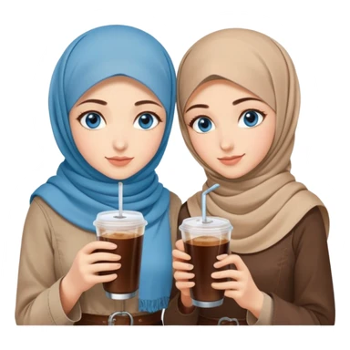 Turkish beautiful finish Konya two girls blue eyes with beige denim hijab islamic dress and had on her hand Rose Cold brew coffee   sticker