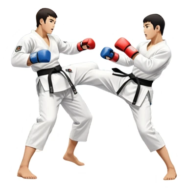 Two taekwondo fighters in traditional white doboks with black belts. One delivers a powerful kick, while the other defends by blocking with his knee. The background shows a professional arena with bright lights and an excited crowd. Transparent background highlights the intense action sticker