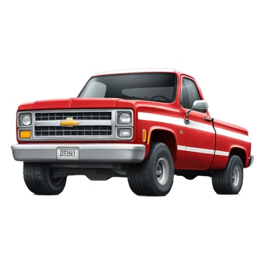 old red square body Chevrolet truck with a white stripe and monster truck wheels and lift sticker