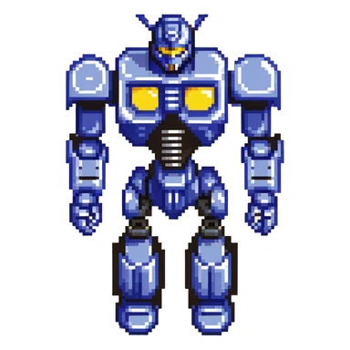 simple transformer robot in royal blue, black, and silver accents, pixel art style with an animated vibe sticker