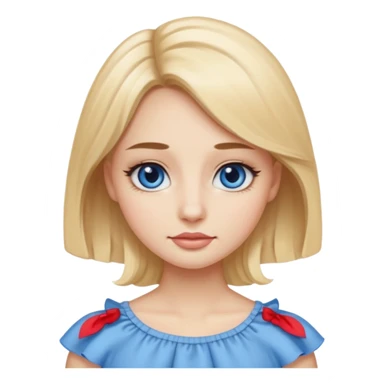 Emoji girl with small close-set blue eyes and eyeliner, long and straight eyebrows, long round nose, wide not full lips, long oval face shape, long blonde hair in cute ruffle beige top sticker