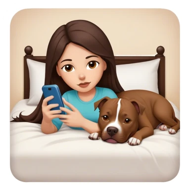 Girl long dark brown hair lays on her bed with her cell phone and her brown pit bull lays guarding her sticker