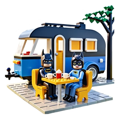  Ultra cute futuristic Lego detailed 1854Batman and pretty Catwoman dream house Caravan with picnic table and folding chairs alone at romantic afternoon (hot chocolate and cheeseburgers on the grill) sticker