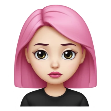  Girl emoji with round face, white skin, sharp eyebrows, frowning face, black shirt, pink lips, and big eyes  sticker