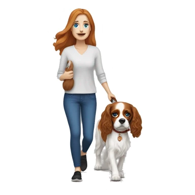 A white woman with blue eyes walks with a cavalier King Charles spaniel sticker
