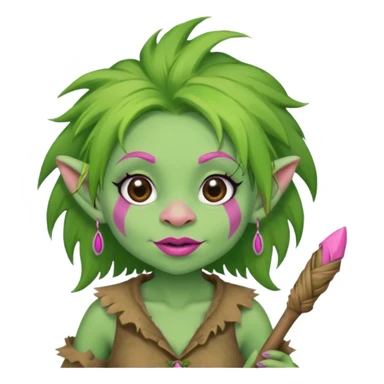A green troll with green hair and brown and tan raggedy clothes on holding a brown stick with pink lipstick, long eyelashes and pink nails sticker