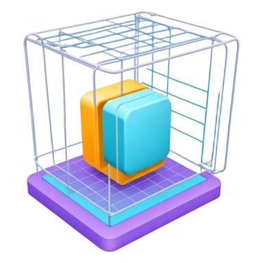 Create an emoji for 3D visualization and modeling. Show a 3D object with wireframe lines and a 3D modeling tool interface. Use modern, professional colors. Do not include any emojis or smiley faces. Make the background transparent. sticker