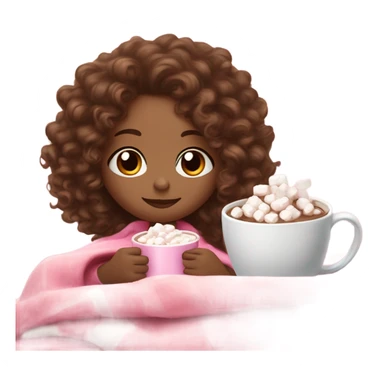 Light skin girl  with brown curly hair under our pink blanket,make her look like a young  make it so you can see the curly hairsipping hot cocoa with marshmallows, cuddled around the blanket, long curly hair, long, medium lashes sticker