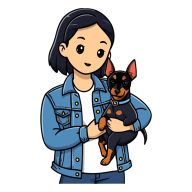 girl in denim jacket holding a Doberman dog sticker