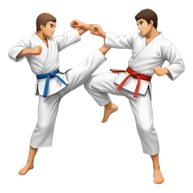 An icon symbolizing traditional Karate, featuring two opponents in a fierce battle. One fighter is delivering a high kick, while the other blocks the attack with a strong defense. The background reflects the calm yet intense atmosphere of a dojo, with traditional elements. Transparent background  sticker