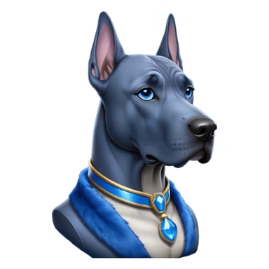 Cinematic Noble Blue Great Dane Portrait Emoji, Poised and regal, with a towering, muscular build and a sleek, well-groomed deep blue Fur, deep-set soulful steel-blue eyes, Simplified yet sharp and sophisticated features, highly detailed, glowing with a cool, dignified glow, high shine, intelligent and commanding, stylized with an air of majesty, focused and attentive, soft glowing outline, capturing the essence of a watchful and authoritative guardian, so majestic it feels as though it could stride out of the screen with effortless authority! sticker
