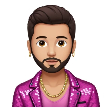 Frankie Zulferino, Pop Singer (b.1990) with dark brown hair and short beard, dark pink sequin jacket, light tan skin, shirtless with necklace sticker