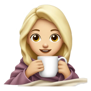 pretty blonde girl fully wrapped in big blanket drinking hot chocolate with marshmallows  sticker