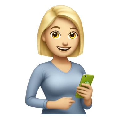 overweight blondie woman happy with a smartphone in hands showing charts sticker