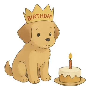puppy with a birthday crown sitting beside a mini cake, soft Ghibli style sticker
