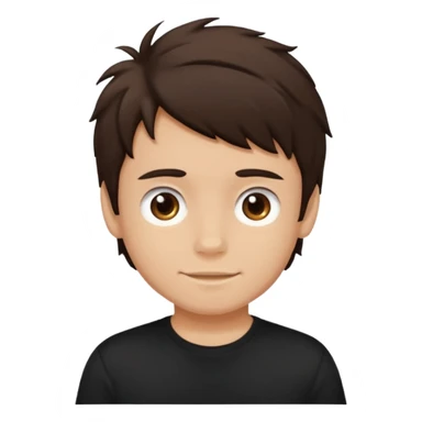 a light tan boy with messy dark brown hair. Wearing a black tshirt sticker