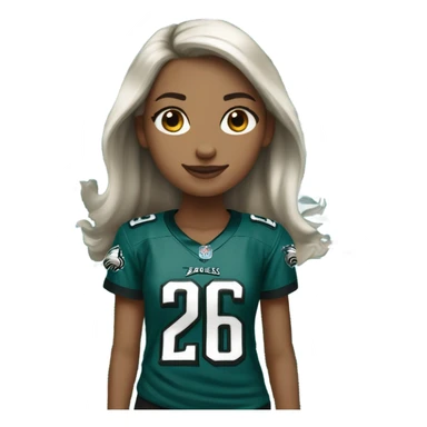 Whited skinned girl with brown hair wearing Philadelphia eagles jersey with number 26 sticker
