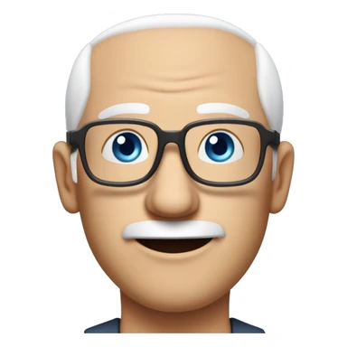 mid age man with paste square glasses, bald with white hair on sides of his gead, big ears and expression lines on bouth sides of mouth, tilted head to the side, blue eyes and no beard o mustache sticker