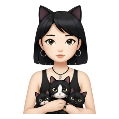 Asian cool girl, black hair, slightly longer than shoulder.  Holding two BLACK cats. one cat has a round fat face, the other one has a slightly slimmer face. Both pure black.  The girl also wearing a black singlet, a black chocker, silver round hook earring, and wearing eyeliner.  sticker