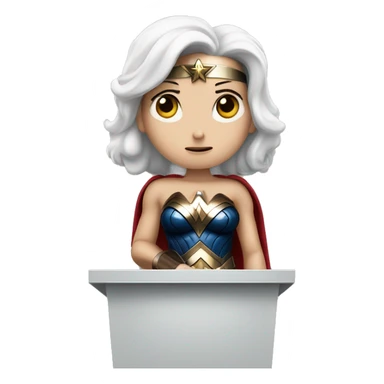 white skin wonder woman behind a podium giving a sad speech sticker