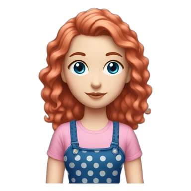white girl with red wavy hair and blue eyes. she's wearing a black polka dots strap dress, with a pink t-shirt underneath. sticker