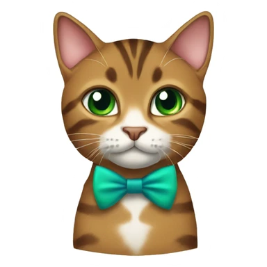 A brown tabby cat with green eyes and a blue bowtie sticker
