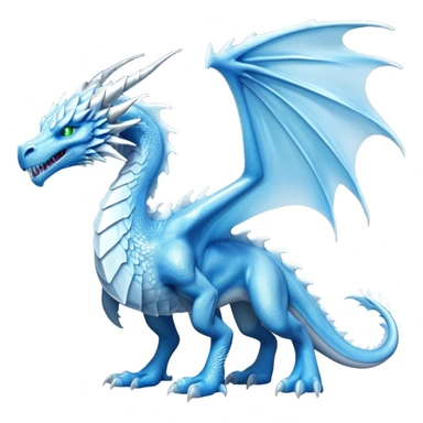 Cinematic Noble Fierce Ice Dragon full body Emoji, Poised and imposing, distinct long elegant snout, with a slender, scaled body shimmering in glacial hues of icy blue, frostbitten silver, and crystalline white, breathing out frost, with piercing, glowing eyes that radiate the chilling depths of an arctic storm; rendered in detail. displaying its wings sticker