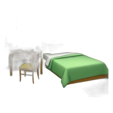 a bedroom with two green cupboards, bed with yellow pillow and quilt and a desk with PC sticker