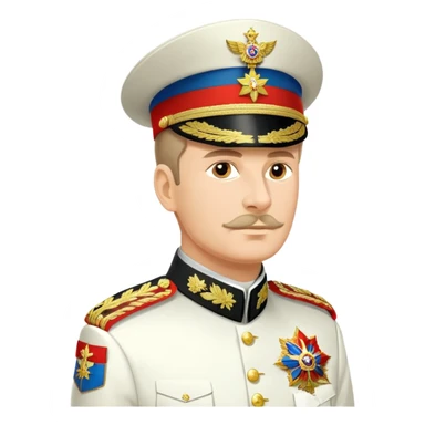 Russian military general in formal uniform with medals and epaulettes, turned slightly to the left, military hat, profile view sticker
