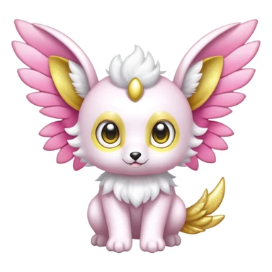 Shiny epic glittery divine white yellow pink animal-fakemon-creature with head-ear-wings, cute, adorable, big eyes sticker