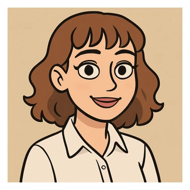 cartoonish AI avatar of a 22-year-old woman, brown eyes, light brown shoulder-length hair that is slightly curly with bangs, light makeup, wearing a white dress shirt sticker