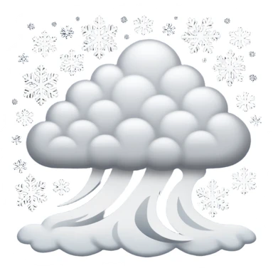 A powerful blizzard emoji icon: storm cloud with heavy swirling snow, strong wind lines, flying snowflakes, dynamic motion. White and gray tones, 2D emoji style, bold but simple shapes. sticker