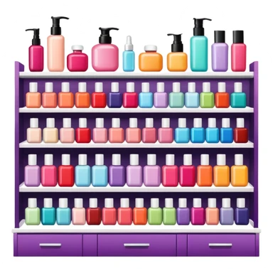 big beauty salon showcase with well-organized brand-labeled beauty products on a white shelves, vibrant colors sticker