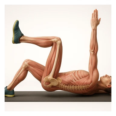 Anatomically hyperrealistic 4K side view of a man in dead bug position with the arm on the ground fully extended above the head, straight, showing pelvis and spine bones, translucent muscles and skin, medical atmosphere, realistic anatomical details. Variant 2, slightly change the position of the legs. sticker