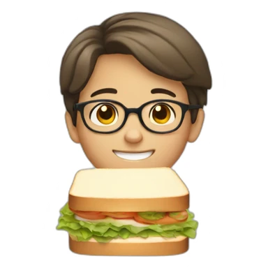 A 12-year-old boy with short brown hair and glasses eats a sandwich sticker