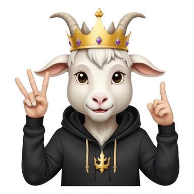 White Goat with horns and bread wearing black hoodie and a royal crown do the peace sign sticker