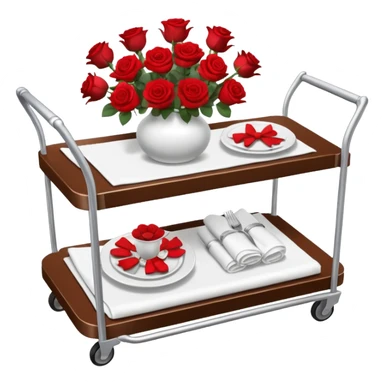 Room service trolley: A silver serving trolley with covered dishes, folded napkins, and a small flower vase. sticker