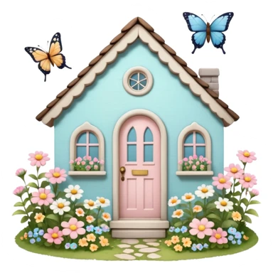 Cottagecore style, highly realistic, whimsical cute, vintage vibe, small cottage with a little garden in front with lots of pastel colored flowers, and butterlies flying around, with a vintage pale front door. Still life design. sticker
