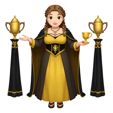 Helga Hufflepuff,brown-haired,2 braids,yellow-black medieval open dress,deep neckline,fat macromastia,black cloak decorated with gold braiding,gold cup with two handles,very kind smile,curvy busty sweet woman,round rosy cheeks,full length with medieval shoes sticker