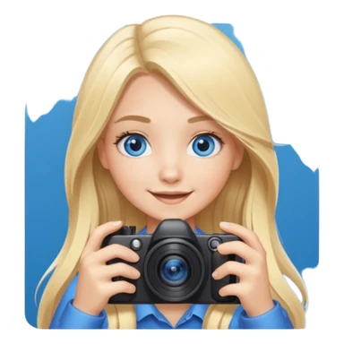  blue eyes blonde girl photographer cartoon taking picture in middle of taking picture camera in front of face long hair smiling funny flash professiona sticker