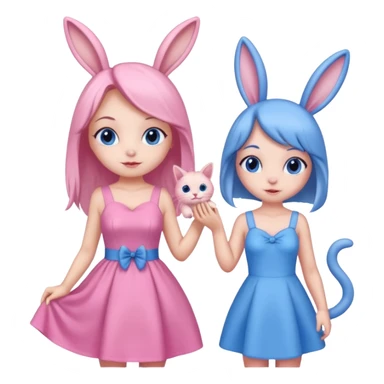 blue bunny girl and pink cat girl playing sticker