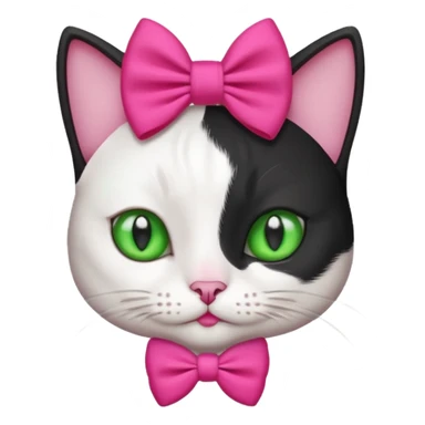 A black and white cat head with green eyes she has a hot pink bow on her head  sticker