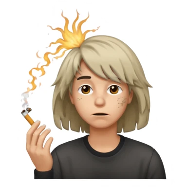 stressed emoji looking down shaking head wearing a disheveled wig with a cigarette in hand sticker